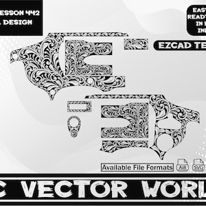 Pode incluir: Design de rolagem em preto e branco para Smith & Wesson 442. O design inclui várias formas recortadas com padrões florais. O texto inclui "SMITH WESSON 442 SCROLL DESIGN" e "EZCAD TESTED".