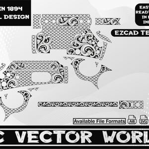 May include: A black and white vector design for a Marlin 1894 scroll design. The design features multiple pieces with detailed scrollwork and the text "MARLIN 1894 SCROLL DESIGN". The image also includes the text "EASY TO USE READT TO OPEN IN EZCAD/ INKSPACE" and "EZCAD TESTED".