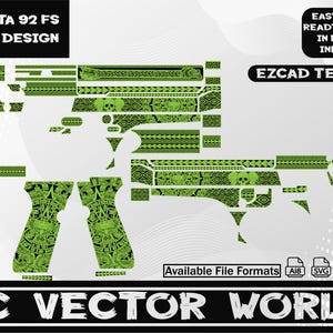 Può includere: Uno schema di un'arma da fuoco Beretta 92 FS con un design azteco. Il design è in verde e nero, con motivi geometrici e motivi a teschio. L'immagine include il testo "BERETTA 92 FS AZTEC DESIGN" e "EZCAD TESTED".