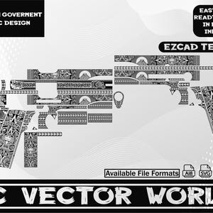 Puede incluir: Un diseño azteca en blanco y negro para una pistola Colt 1911 Government. El diseño es intrincado y detallado, con varios patrones de inspiración azteca. La imagen incluye el texto "COLT 1911 GOVERMENT AZTEC DESIGN" y "AC VECTOR WORLD".