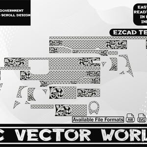 Op de afbeelding: Een zwart-wit vectorontwerp voor een Colt 1911 Government-patroon met krulwerk. Het ontwerp is gelabeld "EZCAD TESTED" en bevat bestandsformaten Ai8, SVG, DXF en PNG. Tekst op de afbeelding luidt "AC VECTOR WORLD."