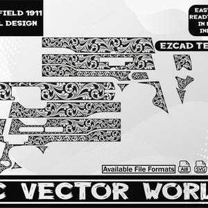 May include: Black and white scroll design for a Springfield 1911. The design is displayed in multiple pieces, with the text "SPRINGFIELD 1911 SCROLL DESIGN" at the top. The image also includes the text "EASY TO USE READT TO OPEN IN EZCAD/ INKSPACE" and "EZCAD TESTED".