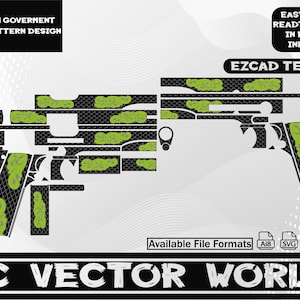 Puede incluir: Un diseño de patrón de desplazamiento en negro y verde para un modelo gubernamental Colt 1911. El diseño incluye el texto "COLT 1911 GOVERMENT SCROLL PATTERN DESIGN" y "EZCAD TESTED". Los formatos de archivo disponibles incluyen Ai8, SVG, DXF y PNG. También está presente el texto "AC VECTOR WORLD".