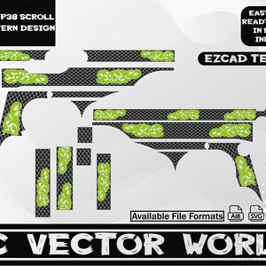 May include: A vector design for a Walther P38 scroll and pattern. The design features a black and white pattern with green floral accents. Text includes "WALTHER P38 SCROLL AND PATTERN DESIGN" and "EZCAD TESTED". The design is available in multiple file formats.