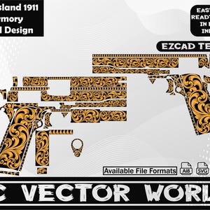 May include: A vector design for a Rockisland 1911 armory scroll. The design features a gold floral pattern on a black background. The image includes the text "Rockisland 1911 Armory Scroll Design" and "AC VECTOR WORLD".