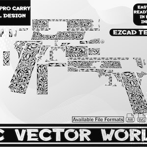 May include: A black and white Kimber Pro Carry scroll design, featuring floral patterns. The image includes the text "EASY TO USE READT TO OPEN IN EZCAD/ INKSPACE" and "EZCAD TESTED". The design is available in multiple file formats.