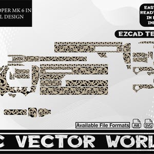 May include: A digital design set for a Colt Trooper MK 6 in scroll design. The design features intricate floral patterns in black and beige. The image includes text that says "EASY TO USE READT TO OPEN IN EZCAD/ INKSPACE" and "EZCAD TESTED".