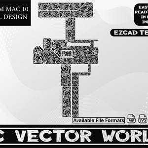 May include: Black and white scroll design for an Ingram MAC 10. The design is composed of floral patterns and includes the text "INGRAM MAC 10 SCROLL DESIGN" and "EZCAD TESTED". Available file formats are listed.