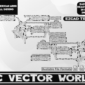 May include: Black and white vector design with floral scrollwork, labeled "NORTH AMERICAN ARMS 22 SCROLL DESING". Includes text "EASY TO USE READT TO OPEN IN EZCAD/ INKSPACE" and "EZCAD TESTED". File formats include Ai8, SVG, DXF, and PNG. The bottom banner reads "AC VECTOR WORLD".
