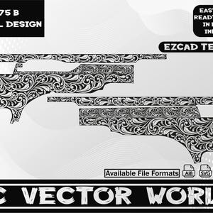 Puede incluir: Diseño de desplazamiento en blanco y negro para un arma de fuego CZ 75 B. El diseño presenta intrincados patrones florales. El texto incluye "CZ 75 B SCROLL DESIGN", "EASY TO USE READT TO OPEN IN EZCAD/INKSPACE", "EZCAD TESTED" y "AC VECTOR WORLD". Formatos de archivo disponibles.