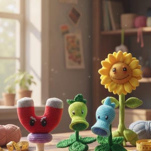 May include: A selection of handmade crochet plant characters, including a red magnet, two green and blue plant figures, and a smiling yellow sunflower. The figures are displayed on a wooden surface, with yarn and a tape measure nearby.