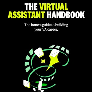 May include: A black background with yellow text reading "EXECUTARY". The title "THE VIRTUAL ASSISTANT HANDBOOK" is in white and yellow. The text below says "The honest guide to building your VA career." Graphic elements include envelopes and a magic wand.