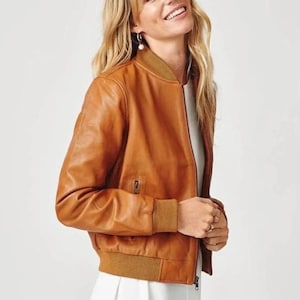 Tan Lambskin Leather Bomber Jacket: Women&#39;s Classic Zip-Up