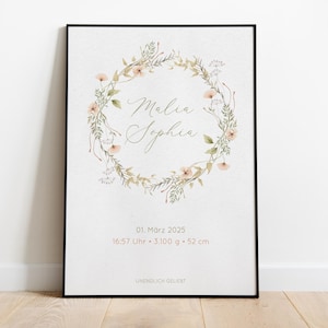 Puede incluir: Impresión enmarcada con una corona floral y los nombres "Malia Sophia". La impresión incluye detalles de nacimiento: 01 de marzo de 2025, 16:57, 3.100 g y 52 cm. El texto "UNENDLICH GELIEBT" está en la parte inferior.