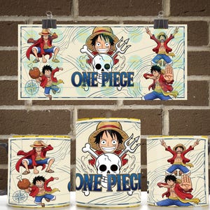 May include: A ceramic mug featuring a wrap-around graphic of the anime character Monkey D. Luffy from One Piece. The design includes Luffy in various action poses, a skull and crossbones emblem with a trident, and the text ONE PIECE in blue.