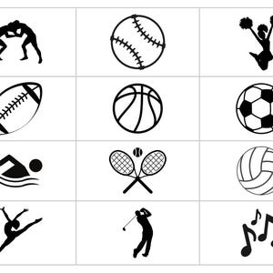 Op de afbeelding: Zwart-witte illustraties van verschillende sporten en activiteiten, waaronder worstelen, honkbal, cheerleading, American football, basketbal, voetbal, zwemmen, tennis, volleybal, golf en gymnastiek.