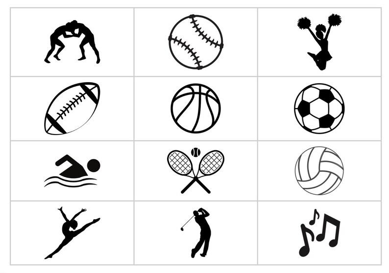 Op de afbeelding: Zwart-witte illustraties van verschillende sporten en activiteiten, waaronder worstelen, honkbal, cheerleading, American football, basketbal, voetbal, zwemmen, tennis, volleybal, golf en gymnastiek.
