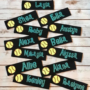 Custom Softball Headbands in gorgeous glitter! Softball tournament, softball player, softball mom headbands.