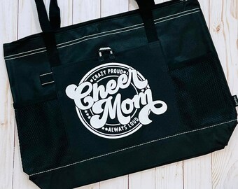 Loud and Proud Cheer Mom Tote Bag in Glitter Vinyl - Perfect for cheer moms, cheer comps, cheer gifts