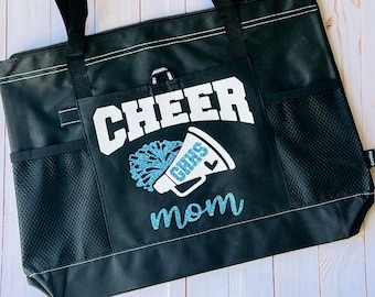 Cheer Mom with Team Name Tote Bag in Glitter Vinyl - Perfect for cheer moms, cheer comps, cheer gifts