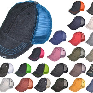 May include: A collection of 25 distressed trucker hats in various colors, including black, blue, red, green, and white. The hats have a mesh back and a solid front panel.