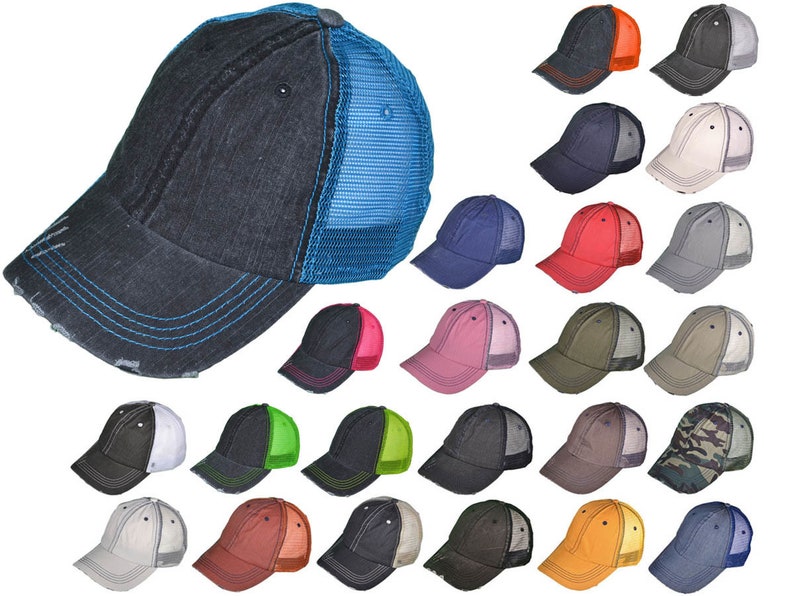 May include: A collection of 25 distressed trucker hats in various colors, including black, blue, red, green, and white. The hats have a mesh back and a solid front panel.