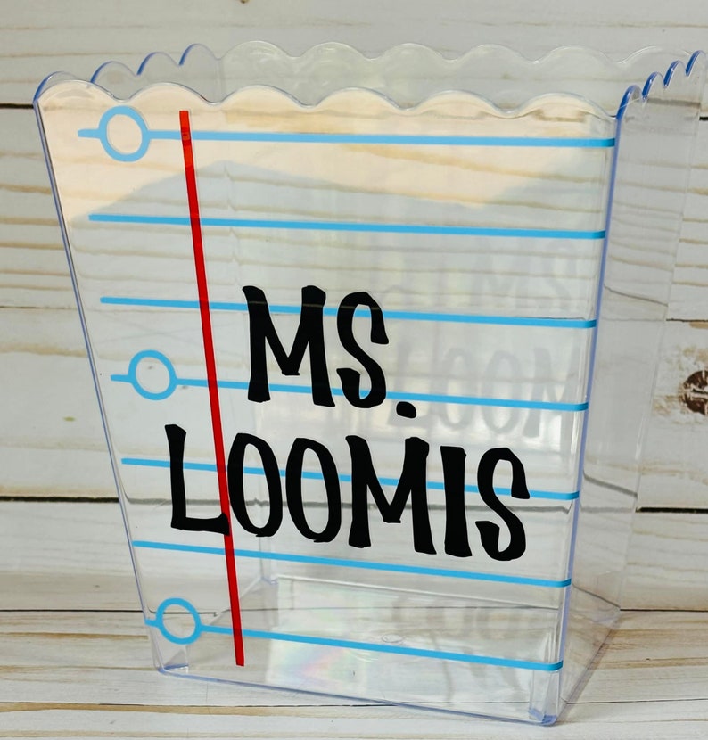 Puede incluir: Un recipiente de pl&aacute;stico transparente con un borde festoneado y un dise&ntilde;o de l&iacute;neas azules y blancas. El recipiente tiene el texto "MS. LOOMIS" escrito en negro.