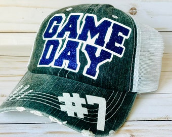 Distressed Game Day Trucker Hat with Glitter Vinyl