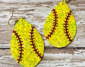 Gorgeous glitter Softball and Baseball Teardrop Earrings for Softball Mom Baseball Mom