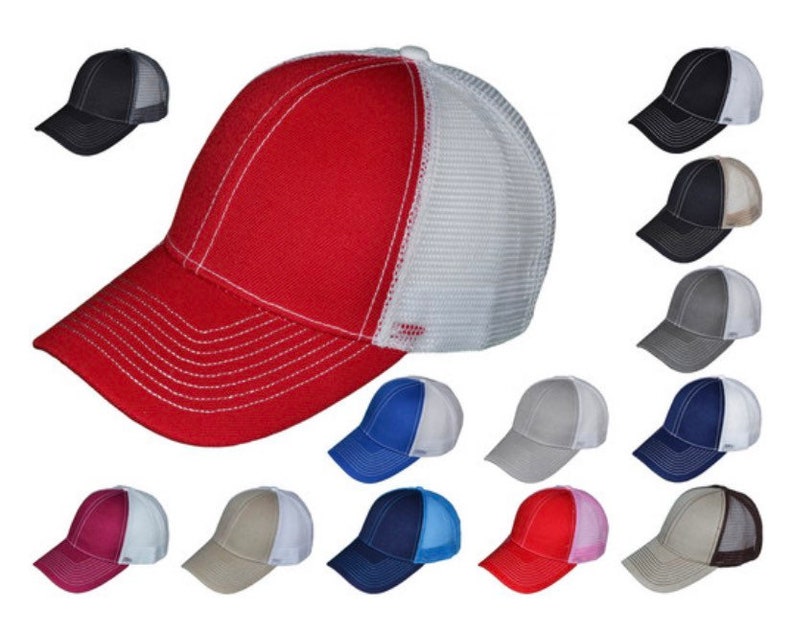 May include: A collection of 15 baseball caps with a variety of colors and mesh back panels. The caps are all the same style, with a curved brim and a structured crown.