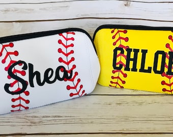 Neoprene Softball and Baseball Cosmetic Bags perfect for players, moms, coaches gifts and more