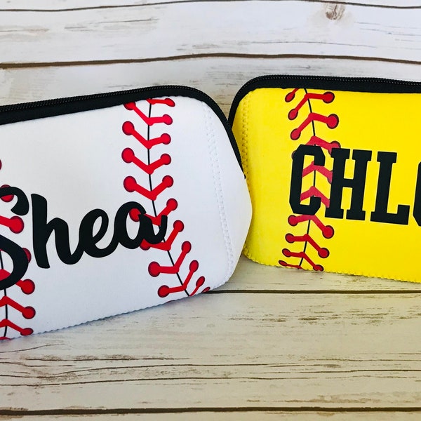 Neoprene Softball and Baseball Cosmetic Bags perfect for players, moms, coaches gifts and more