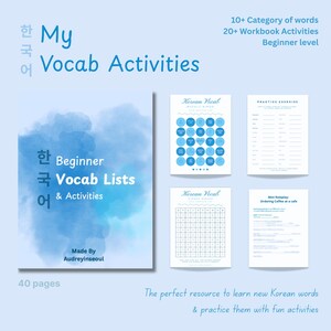 Puede incluir: Un cuaderno de trabajo azul y blanco titulado "My Vocab Activities" para estudiantes de coreano principiantes. El cuaderno incluye listas de vocabulario, actividades y ejercicios prácticos. La imagen también muestra ejemplos de páginas con bingo y otros ejercicios.