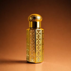 May include: A gold perfume bottle with an elaborate filigree pattern. The bottle has a hexagonal shape and a decorative, rounded cap. The intricate design is visible on the bottle's surface, creating a luxurious aesthetic. The background is a gradient of brown and gold.