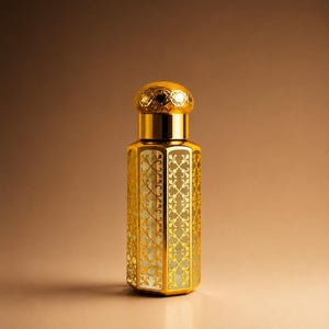 May include: A gold-colored perfume bottle with an ornate, filigree design. The bottle has a hexagonal shape and a decorative cap with a jeweled top. The background is a gradient of brown and gold.