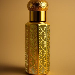 May include: A decorative perfume bottle in gold. The bottle features an intricate pattern on its body and a rounded top. The design is set against a gold backdrop. The bottle is made of glass and metal.