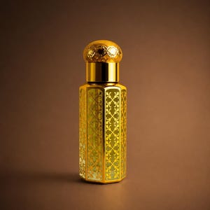 May include: A gold perfume bottle with an intricate pattern. The bottle has a hexagonal shape and a decorative design, with a matching cap. The background is a solid brown colour.