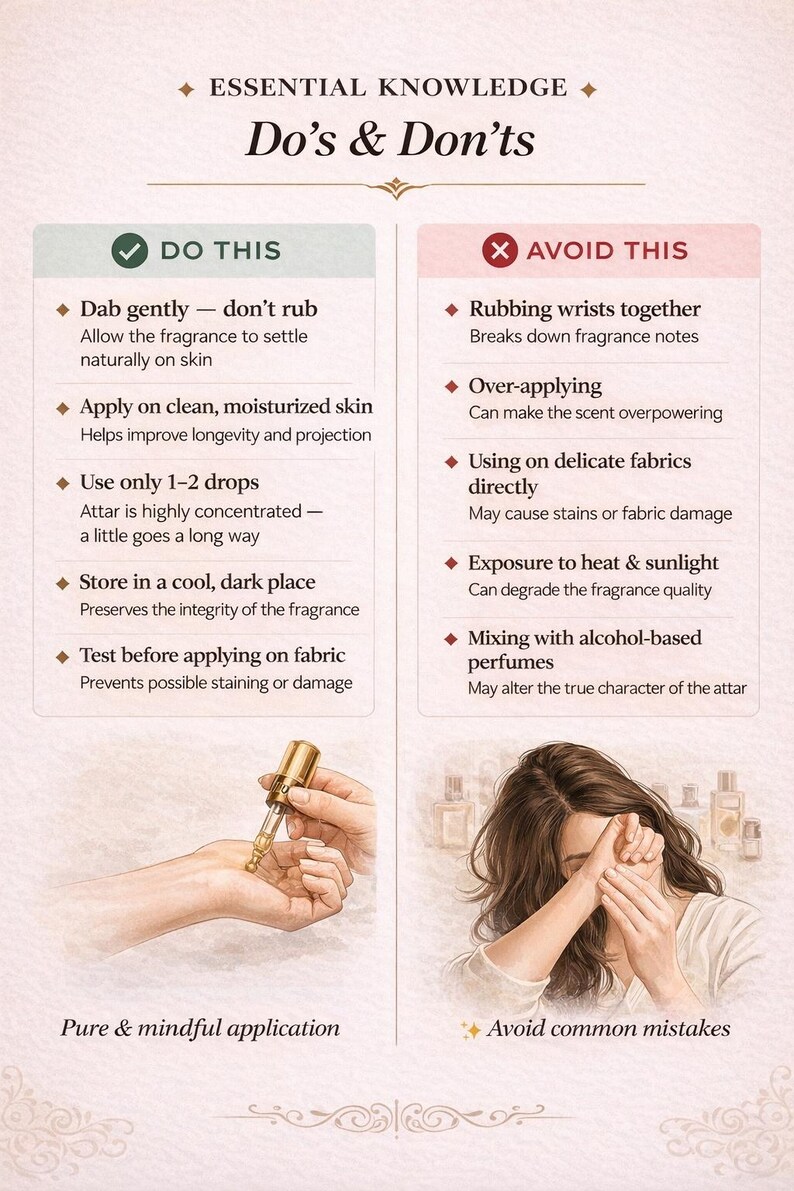 May include: An infographic titled "Essential Knowledge: Do's & Don'ts" with text instructions on applying attar. The image shows a hand holding a perfume bottle and a person applying perfume. The text includes tips for proper application.