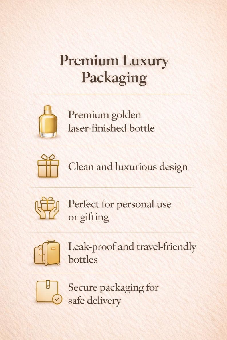 May include: Image showcasing premium luxury packaging. Text reads "Premium Luxury Packaging." Features include a premium golden laser-finished bottle, clean and luxurious design, leak-proof and travel-friendly bottles, and secure packaging for safe delivery.