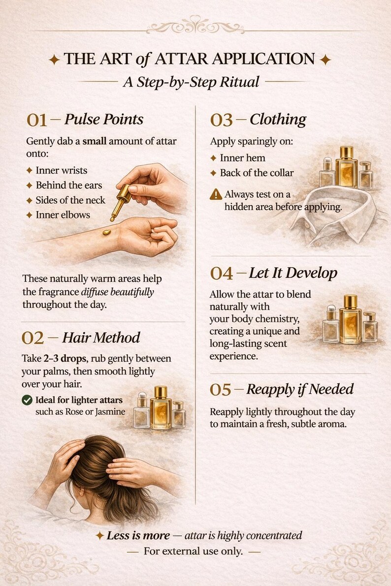 May include: An illustrated guide titled "The Art of Attar Application" with step-by-step instructions. It shows how to apply attar to pulse points, hair, and clothing. The guide features images of hands applying the fragrance and bottles of attar.