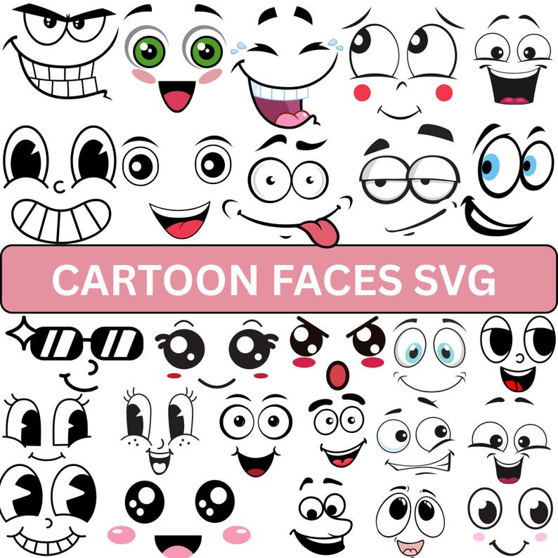 Cartoon Emotion Faces SVG Bundle: Funny Kawaii Clipart (digital ...