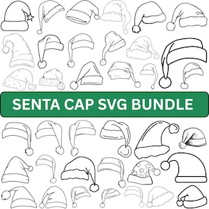 May include: A collection of various Santa Claus hat designs in black and white. The image includes different styles of hats, some with pom-poms and stars. The text "SANTA CAP SVG BUNDLE" is displayed on a green banner.