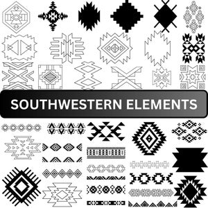 Op de afbeelding: Een verzameling zwart-witte Southwestern designelementen. De afbeelding bevat verschillende geometrische patronen, vormen en randen, met de tekst "SOUTHWESTERN ELEMENTS" in een zwarte rechthoek.