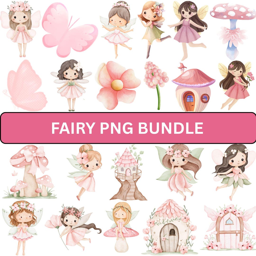 Watercolor Fairy Clipart Bundle: Pink Fairies, Magical Animals (instant ...
