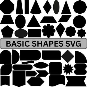 Może przedstawiać: Zbiór czarnych podstawowych kształtów w różnych formach, w tym okręgi, kwadraty, trójkąty i romby. Tekst "BASIC SHAPES SVG" jest wyświetlany w szarym prostokącie.