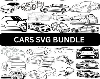 Puede incluir: Una colección de ilustraciones de coches en varios estilos, desde elegantes deportivos hasta diseños clásicos. La imagen presenta varios contornos de coches, perfectos para proyectos de arte digital. El texto "CARS SVG BUNDLE" se muestra en una pancarta negra.