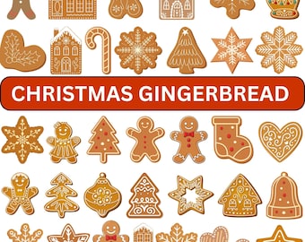 May include: A collection of gingerbread cookies in various shapes, including gingerbread men, houses, snowflakes, stars, and Christmas trees. The cookies are decorated with white icing and are arranged on a white background. The text "CHRISTMAS GINGERBREAD" is displayed.