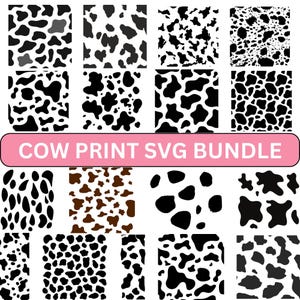 Könnte beinhalten: Eine Sammlung von Kuhfellmustern in Schwarz, Weiß und Braun. Die Muster variieren in Größe und Form, wobei einige klassischen Kuhflecken ähneln und andere abstrakter sind. Der Text "COW PRINT SVG BUNDLE" wird auf einem rosa Banner angezeigt.