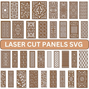 Può includere: Una collezione di pannelli tagliati al laser in vari disegni ornati. I pannelli sono di colore marrone caldo e presentano motivi intricati, tra cui forme floreali, geometriche e astratte. Il testo "LASER CUT PANELS SVG" è visualizzato in un banner beige.