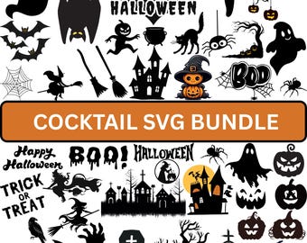 Puede incluir: Una colección de gráficos SVG negros con temática de Halloween. Incluye murciélagos, fantasmas, calabazas, brujas, arañas, casas embrujadas y los textos "Happy Halloween", "Boo" y "Trick or Treat". La imagen también contiene el texto "COCKTAIL SVG BUNDLE".